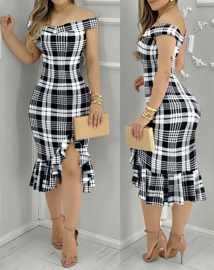 Geometric Color Block Printed Ruffle Midi Dress