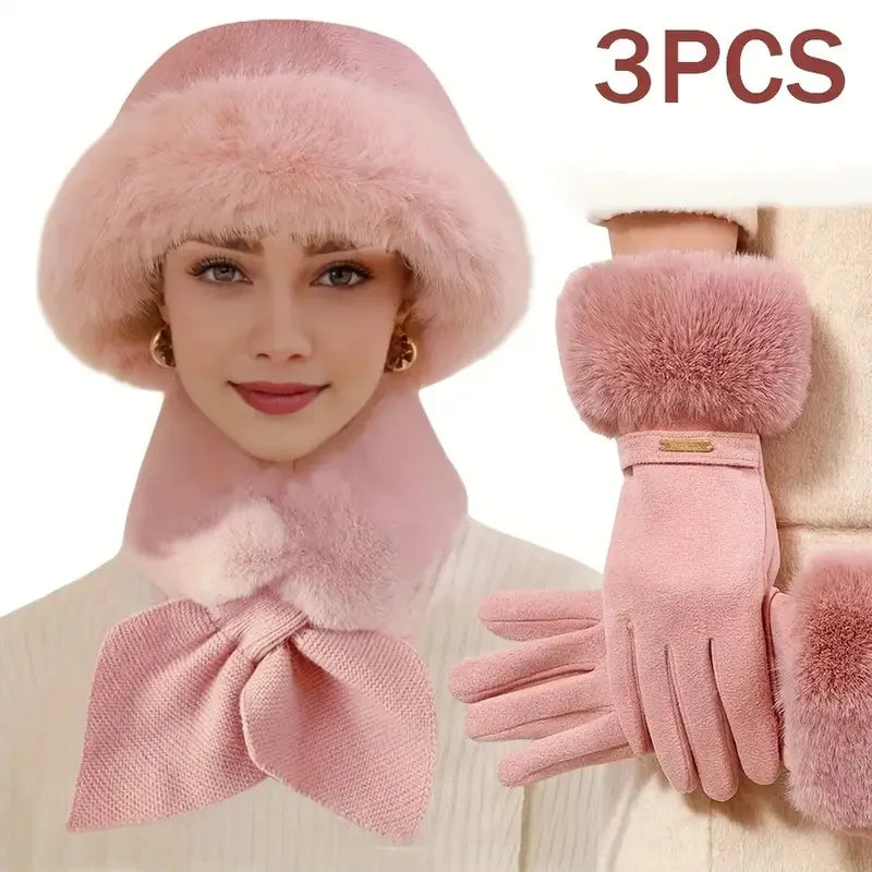 Winter Warm Furry Gloves Scarf Hat Set