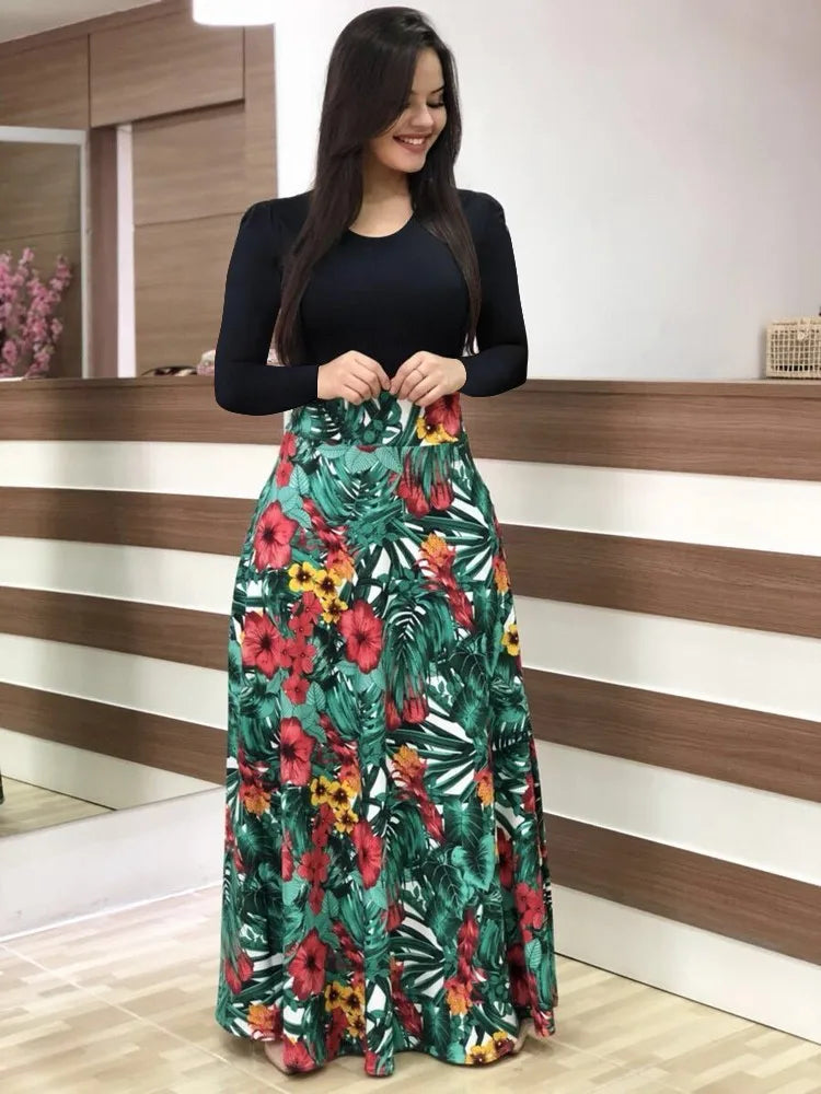 Autumn Flower Color Matching Long Dress
