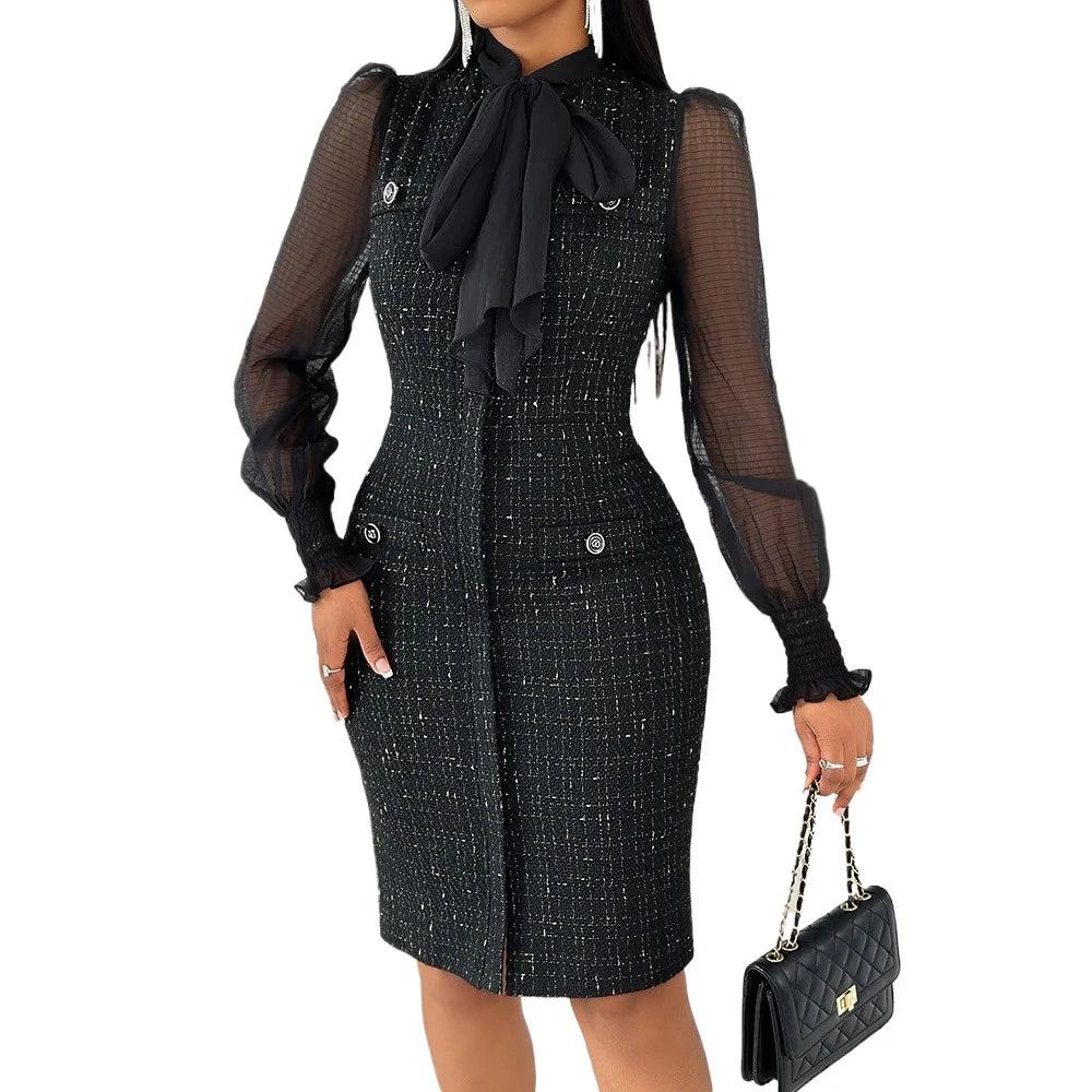 Tie Neck Mesh Patch Women's Dress