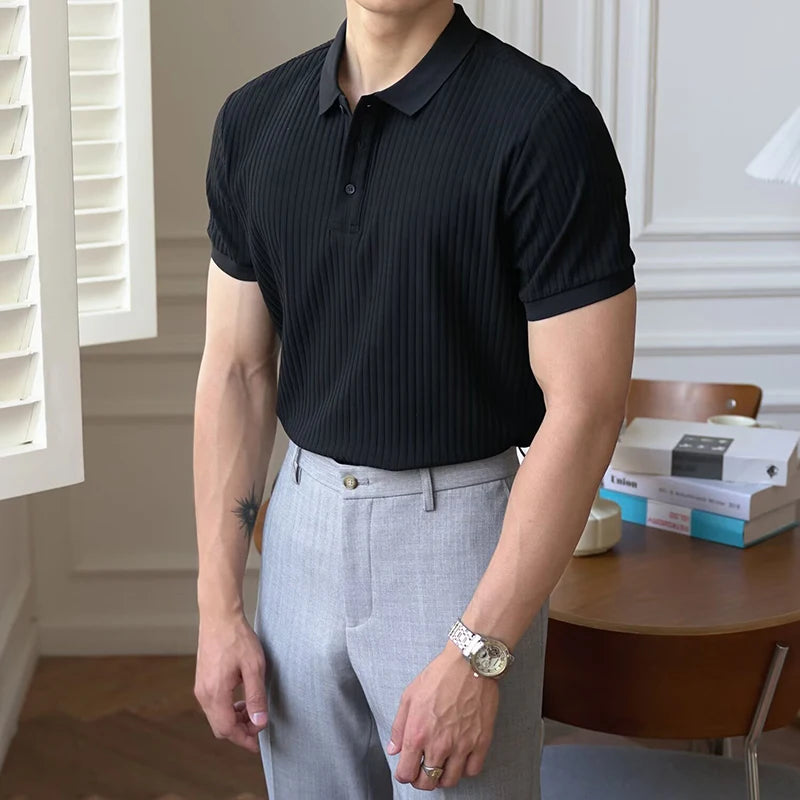 Vertical Stripe Knit Polo Men's Shirt