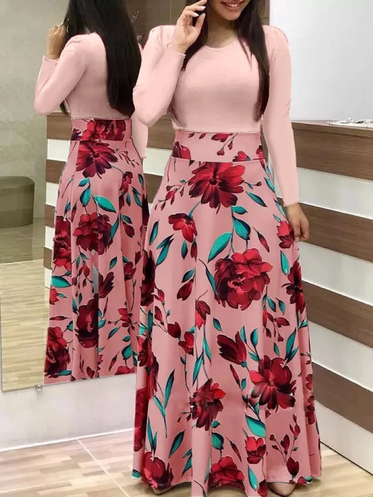 Autumn Flower Color Matching Long Dress
