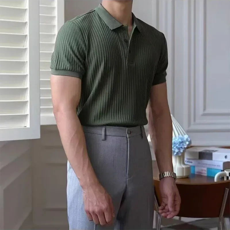 Vertical Stripe Knit Polo Men's Shirt