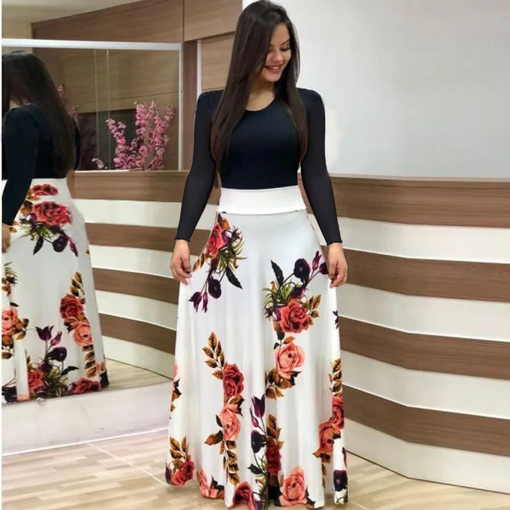 Autumn Flower Color Matching Long Dress
