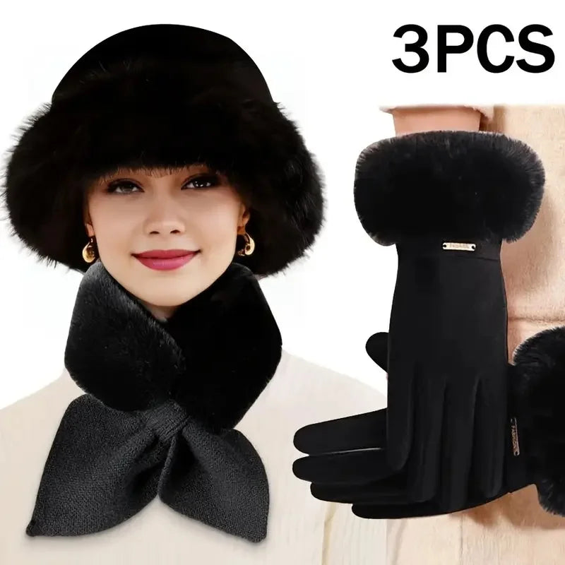 Winter Warm Furry Gloves Scarf Hat Set
