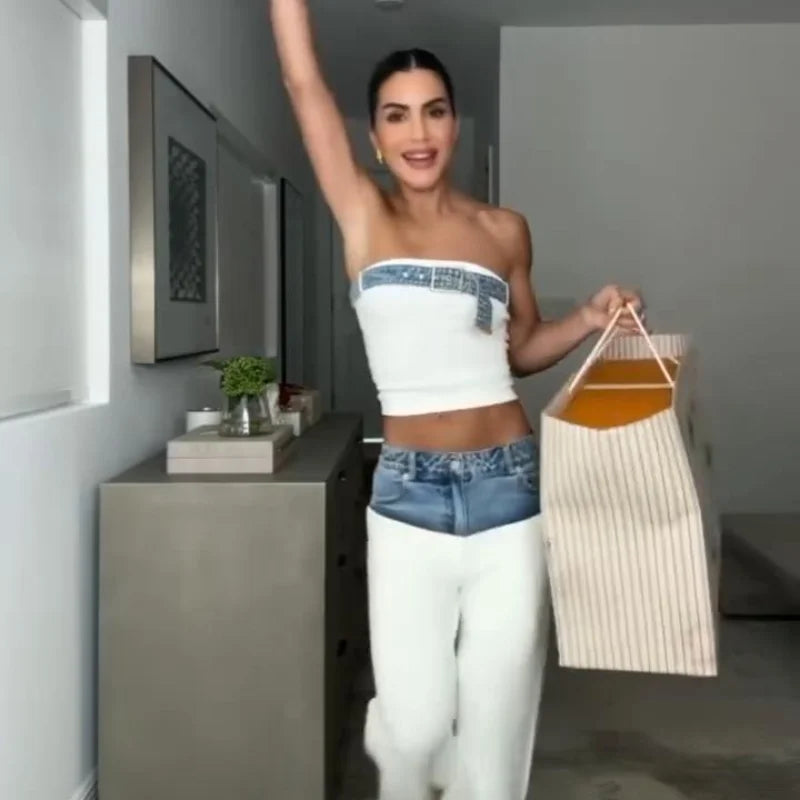 Casual Denim Contrast Vest Pants Set