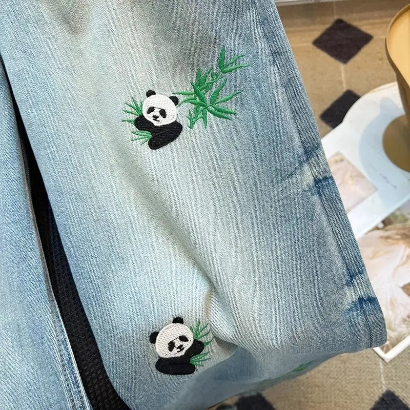 Embroidered Panda Straight Jeans