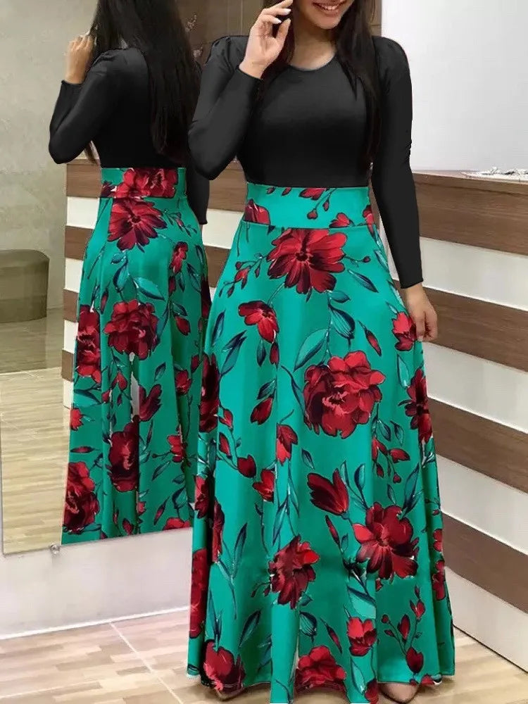 Autumn Flower Color Matching Long Dress
