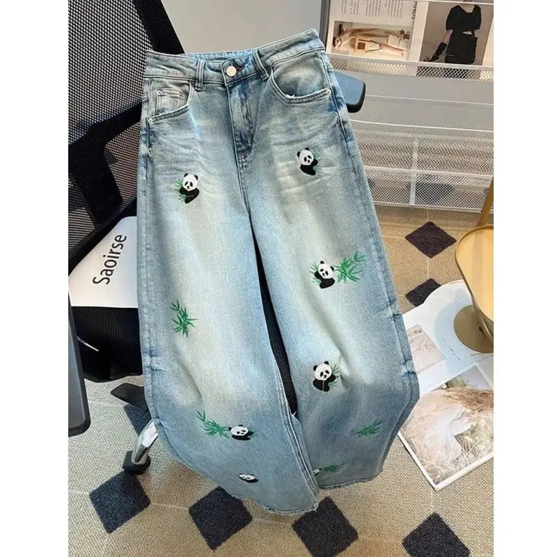 Embroidered Panda Straight Jeans