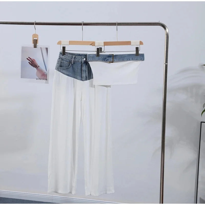 Casual Denim Contrast Vest Pants Set