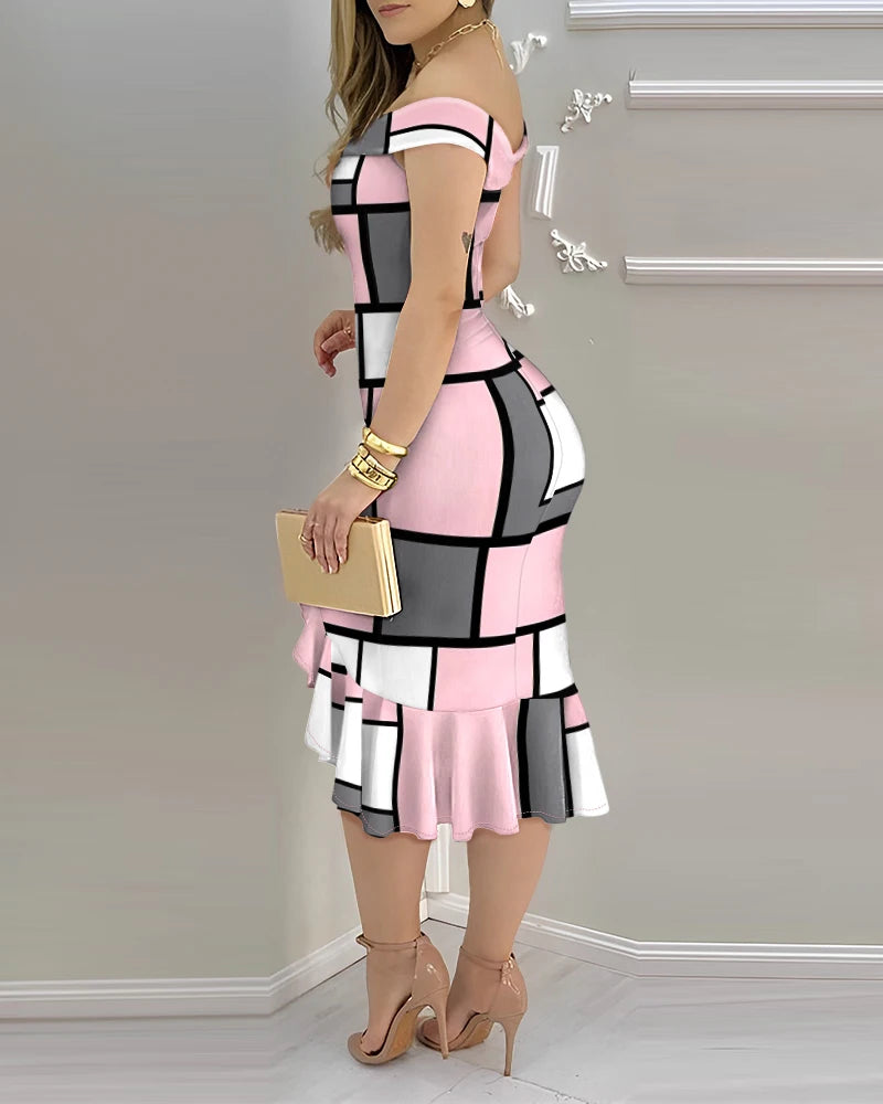 Geometric Color Block Printed Ruffle Midi Dress