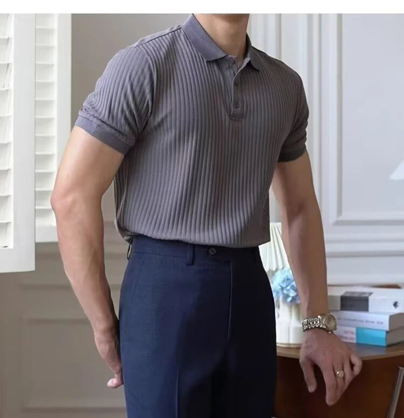 Vertical Stripe Knit Polo Men's Shirt