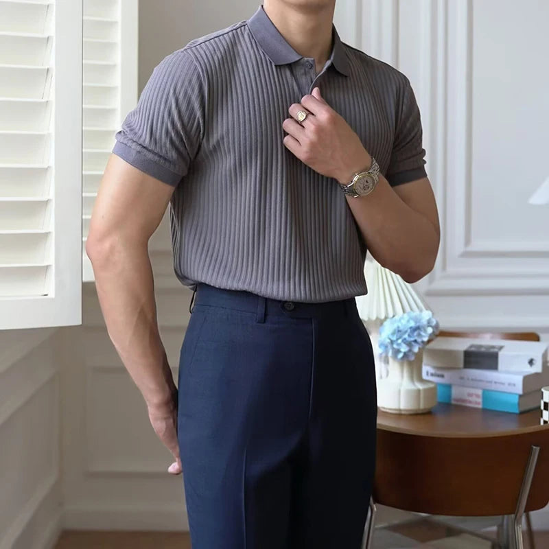 Vertical Stripe Knit Polo Men's Shirt