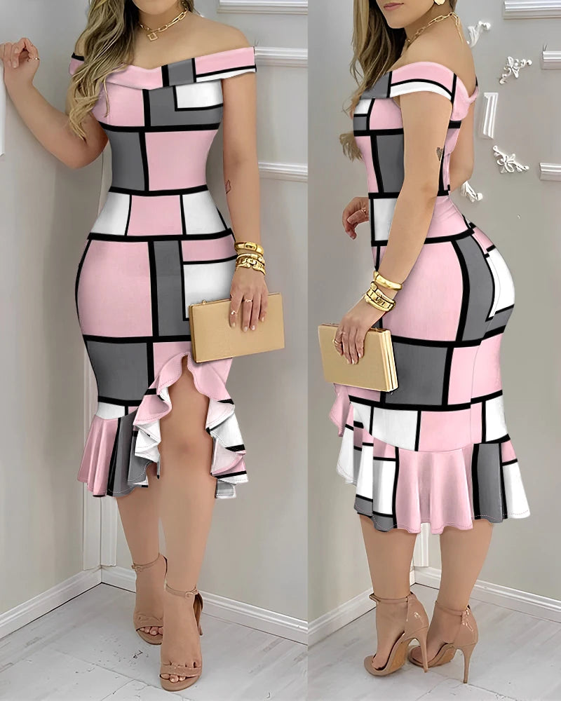 Geometric Color Block Printed Ruffle Midi Dress