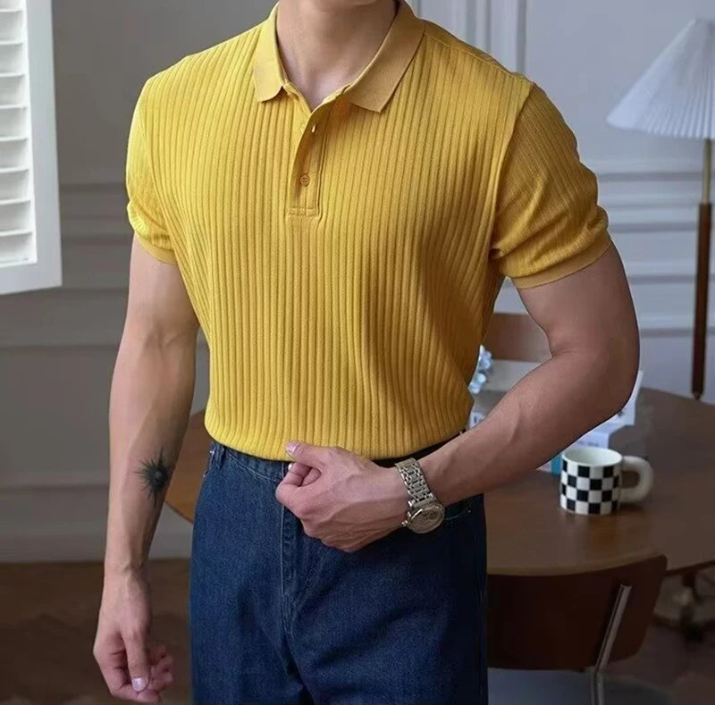 Vertical Stripe Knit Polo Men's Shirt