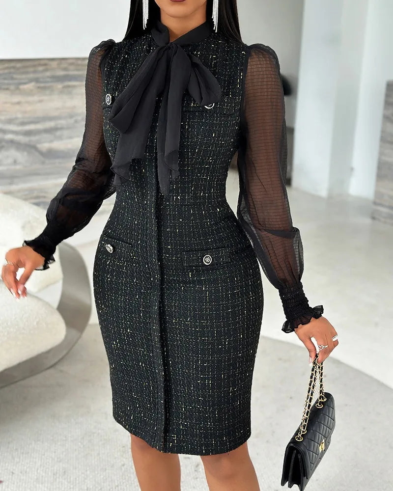 Tie Neck Mesh Patch Women's Dress