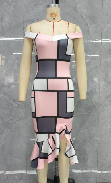 Geometric Color Block Printed Ruffle Midi Dress