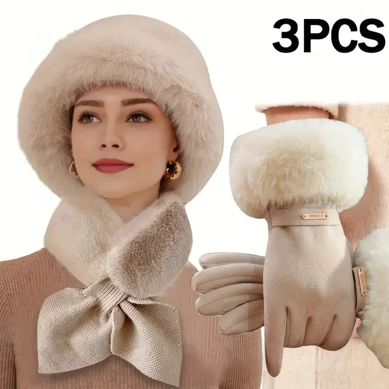 Winter Warm Furry Gloves Scarf Hat Set