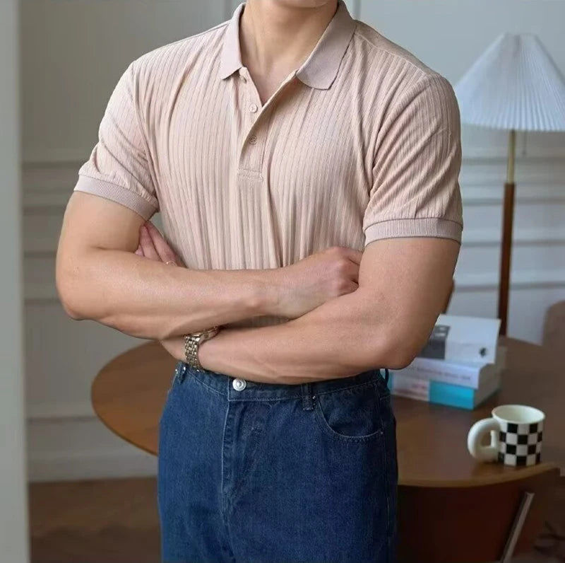 Vertical Stripe Knit Polo Men's Shirt