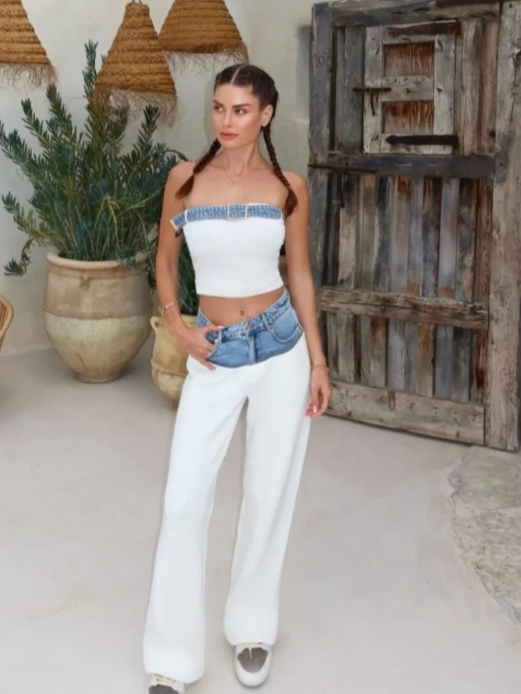 Casual Denim Contrast Vest Pants Set