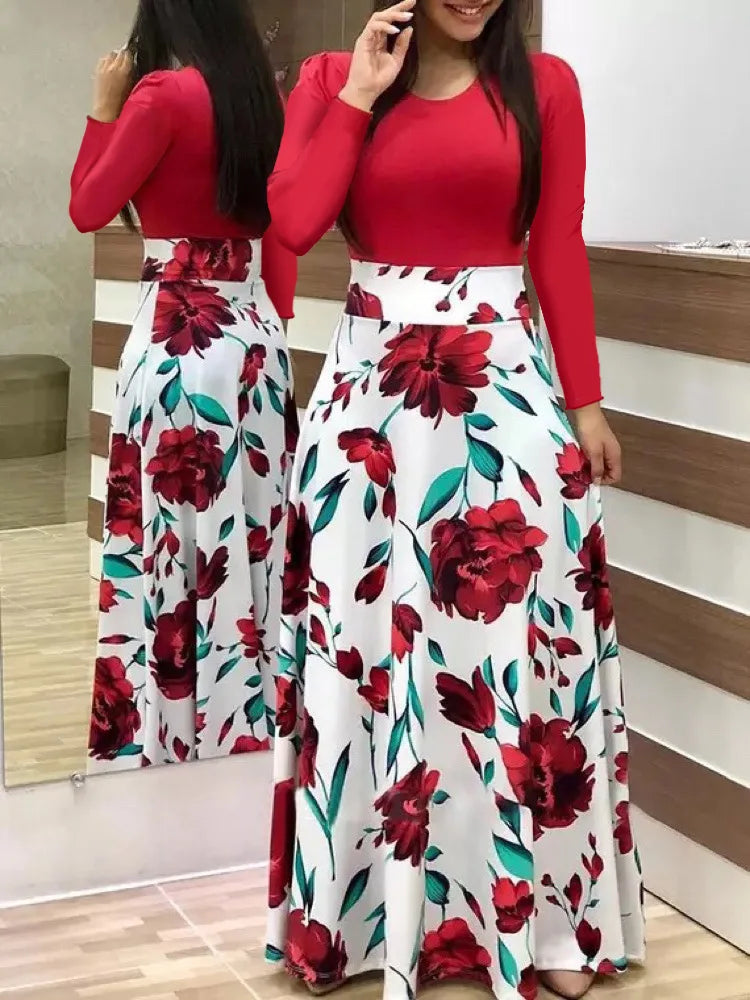 Autumn Flower Color Matching Long Dress