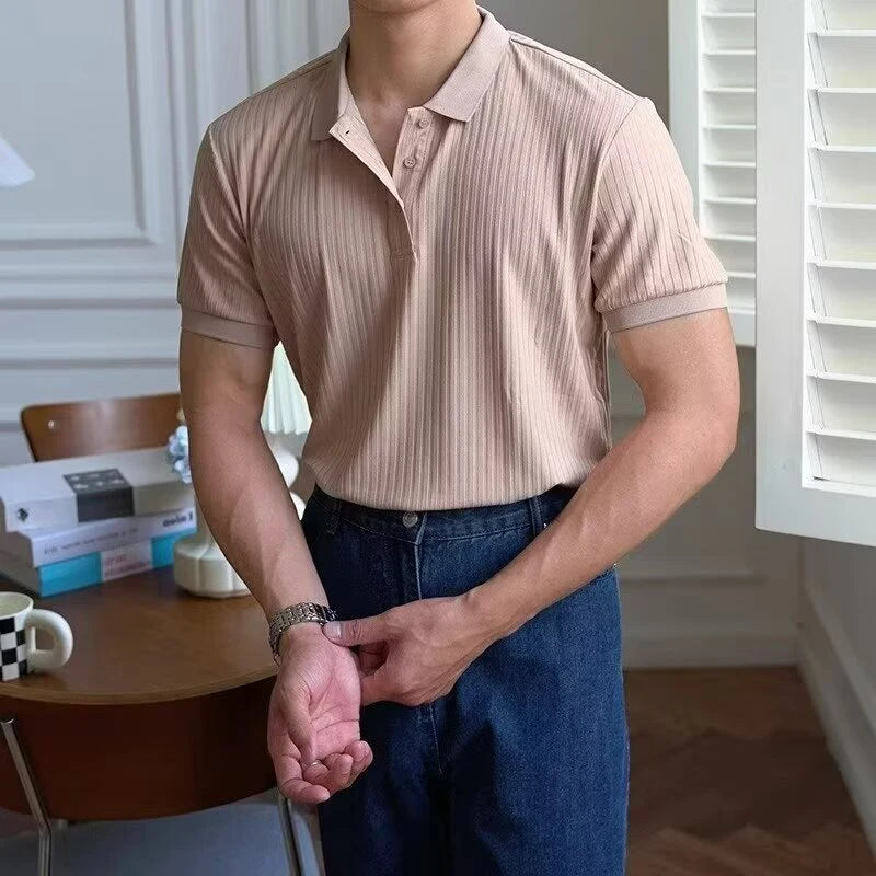 Vertical Stripe Knit Polo Men's Shirt