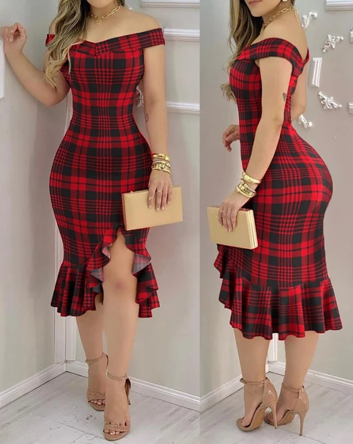 Geometric Color Block Printed Ruffle Midi Dress