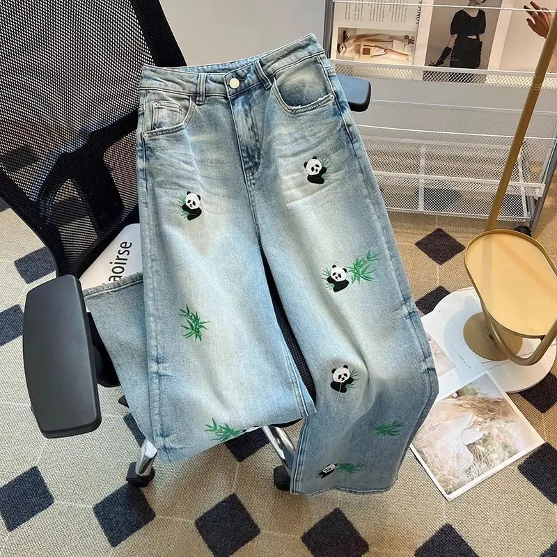 Embroidered Panda Straight Jeans