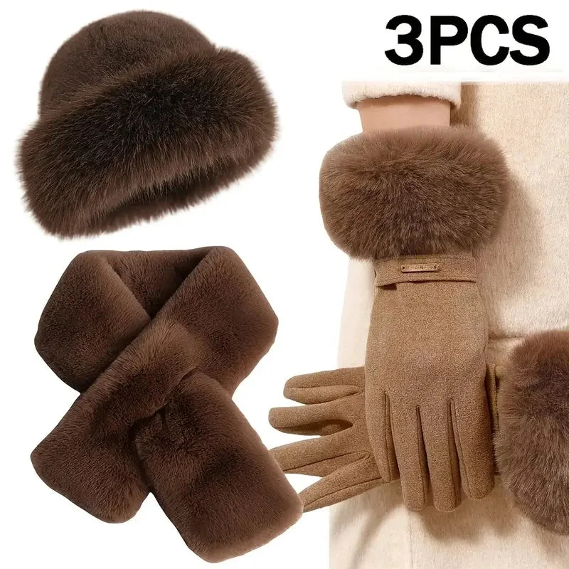Winter Warm Furry Gloves Scarf Hat Set