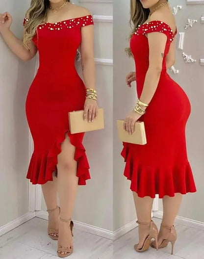 Geometric Color Block Printed Ruffle Midi Dress