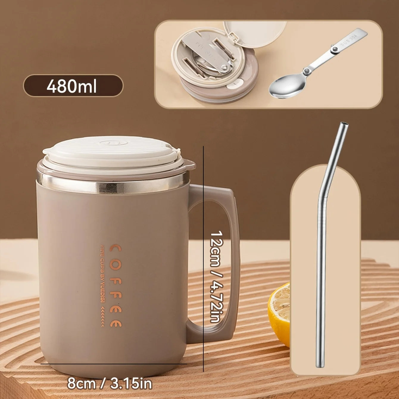 Double-Wall Insulated Mug With Spoon & Straw