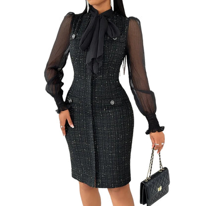 Tie Neck Mesh Patch Women's Dress