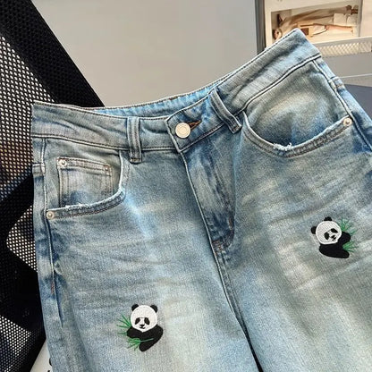 Embroidered Panda Straight Jeans