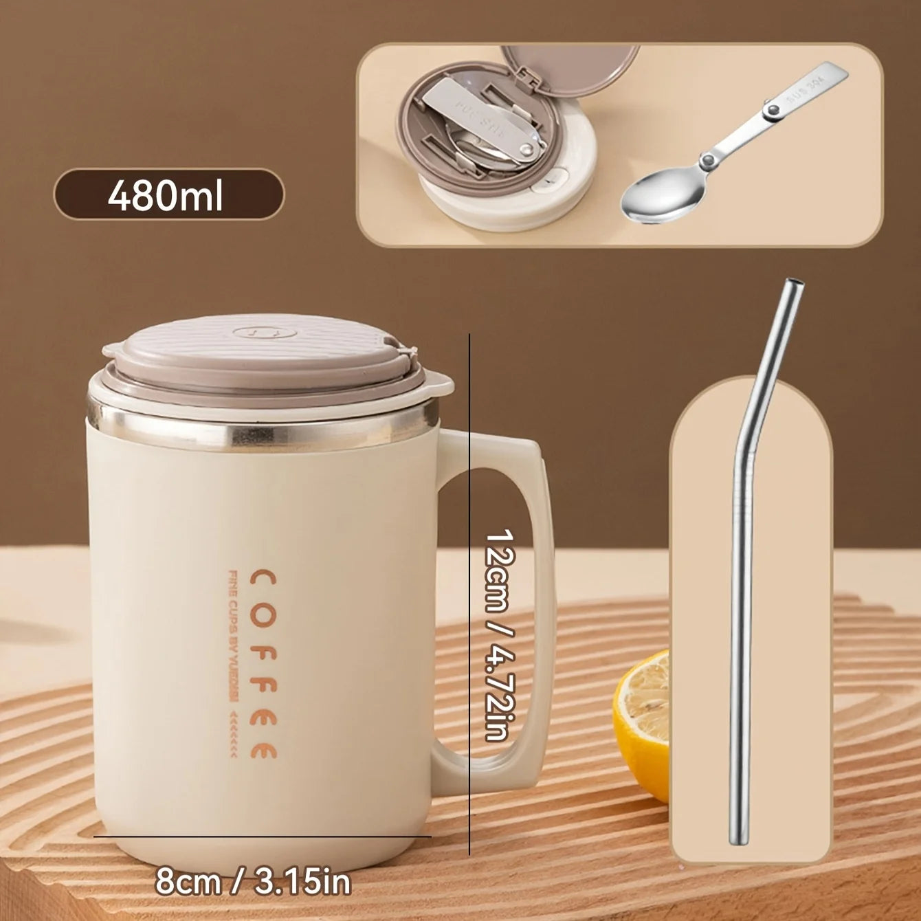 Double-Wall Insulated Mug With Spoon & Straw