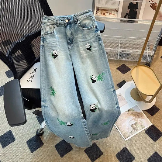 Embroidered Panda Straight Jeans