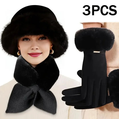 Winter Warm Furry Gloves Scarf Hat Set