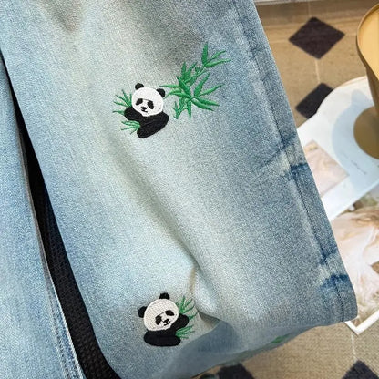 Embroidered Panda Straight Jeans