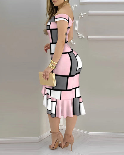 Geometric Color Block Printed Ruffle Midi Dress