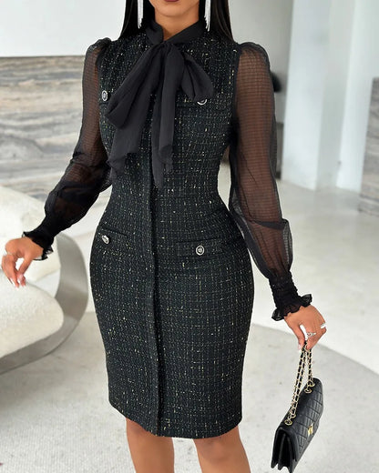 Tie Neck Mesh Patch Women's Dress