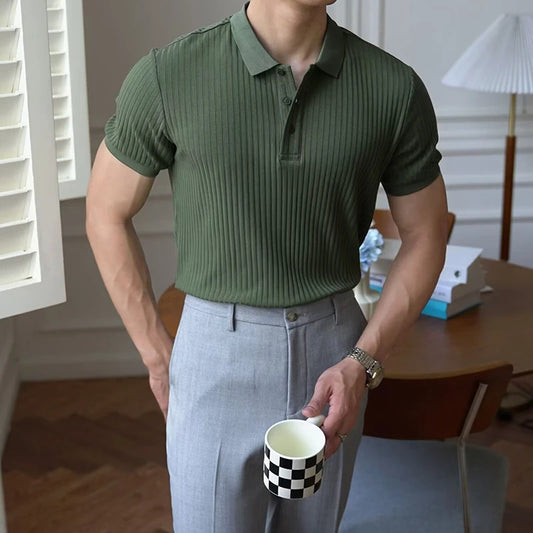 Vertical Stripe Knit Polo Men's Shirt