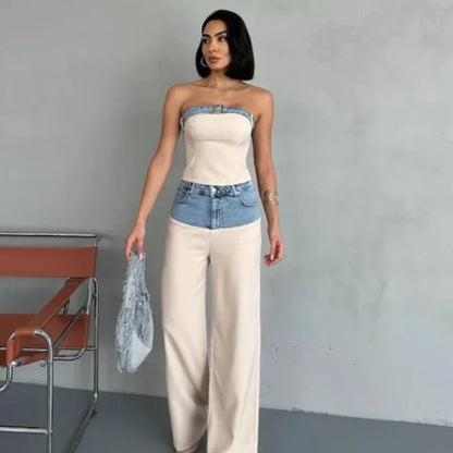 Casual Denim Contrast Vest Pants Set
