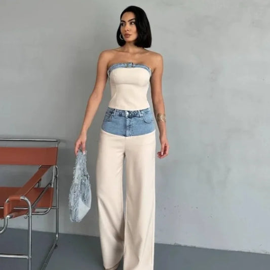 Casual Denim Contrast Vest Pants Set