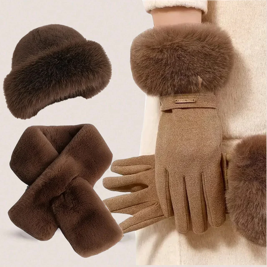Winter Warm Furry Gloves Scarf Hat Set